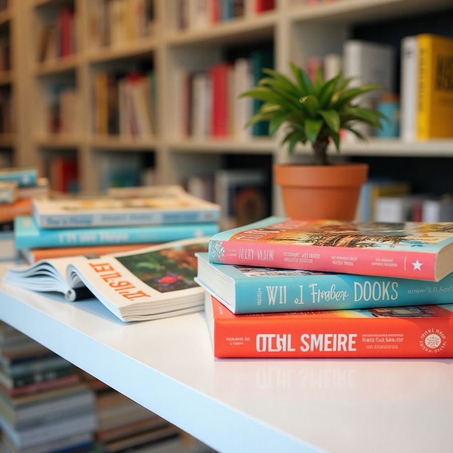 Hardcovers, children's books, and magazines on a bright display table
