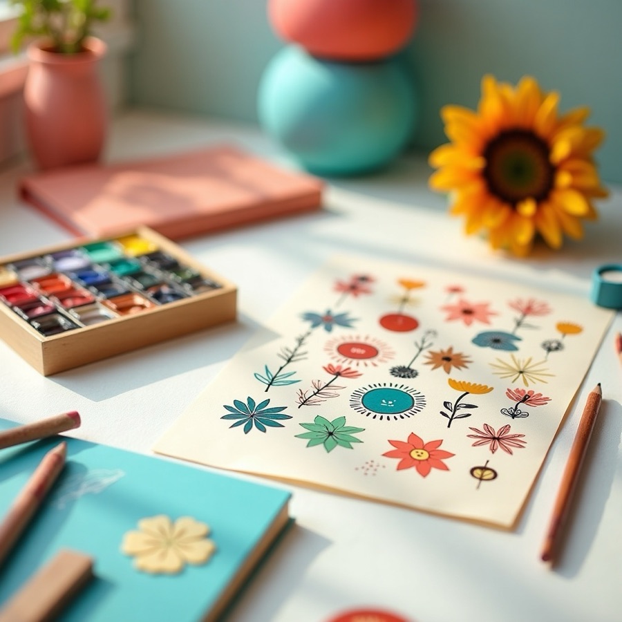 Craft supplies, comics, and a small keyboard on a hobby table