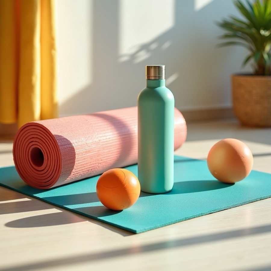 Yoga mat, bands, and outdoor leisure gear in sunny light